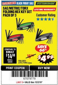 Harbor Freight Coupon SAE/METRIC/TORX FOLDING HEX KEY SET PACK OF 3 Lot No. 94905/60822/61921 Expired: 12/2/18 - $4.99