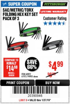 Harbor Freight Coupon SAE/METRIC/TORX FOLDING HEX KEY SET PACK OF 3 Lot No. 94905/60822/61921 Expired: 1/27/19 - $4.99