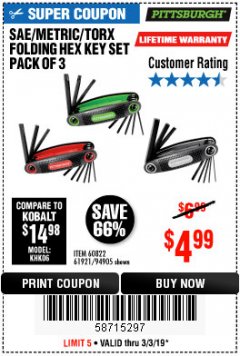 Harbor Freight Coupon PITTSBURGH SAE/METRIC/STAR FOLDING HEX KEY SET, 3-PIECE Lot No. 94905 Expired: 3/3/19 - $4.99