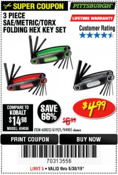 Harbor Freight Coupon SAE/METRIC/TORX FOLDING HEX KEY SET PACK OF 3 Lot No. 94905/60822/61921 Expired: 6/30/19 - $4.99