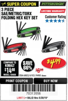 Harbor Freight Coupon SAE/METRIC/TORX FOLDING HEX KEY SET PACK OF 3 Lot No. 94905/60822/61921 Expired: 6/30/19 - $4.99