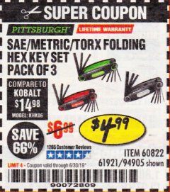 Harbor Freight Coupon SAE/METRIC/TORX FOLDING HEX KEY SET PACK OF 3 Lot No. 94905/60822/61921 Expired: 6/30/19 - $4.99