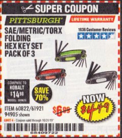 Harbor Freight Coupon SAE/METRIC/TORX FOLDING HEX KEY SET PACK OF 3 Lot No. 94905/60822/61921 Expired: 10/31/19 - $4.49