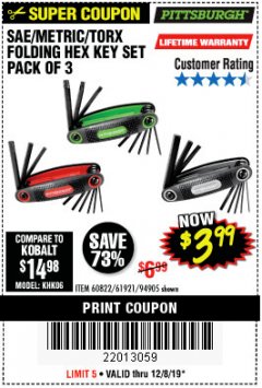 Harbor Freight Coupon PITTSBURGH SAE/METRIC/STAR FOLDING HEX KEY SET, 3-PIECE Lot No. 94905 Expired: 12/8/19 - $3.99