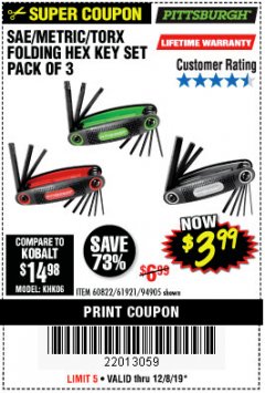 Harbor Freight Coupon SAE/METRIC/TORX FOLDING HEX KEY SET PACK OF 3 Lot No. 94905/60822/61921 Expired: 12/8/19 - $3.99