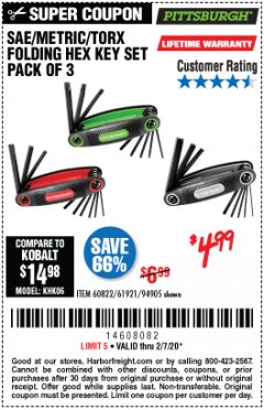 Harbor Freight Coupon SAE/METRIC/TORX FOLDING HEX KEY SET PACK OF 3 Lot No. 94905/60822/61921 Expired: 2/7/20 - $4.99