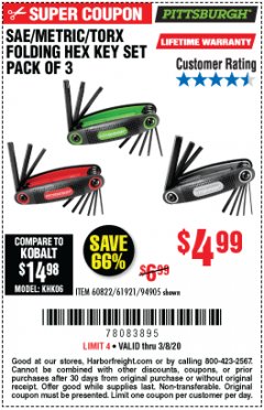 Harbor Freight Coupon SAE/METRIC/TORX FOLDING HEX KEY SET PACK OF 3 Lot No. 94905/60822/61921 Expired: 3/8/20 - $4.99