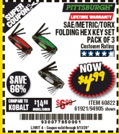 Harbor Freight Coupon SAE/METRIC/TORX FOLDING HEX KEY SET PACK OF 3 Lot No. 94905/60822/61921 Expired: 6/30/20 - $4.99