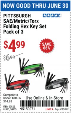 Harbor Freight Coupon SAE/METRIC/TORX FOLDING HEX KEY SET PACK OF 3 Lot No. 94905/60822/61921 Expired: 6/30/20 - $4.99