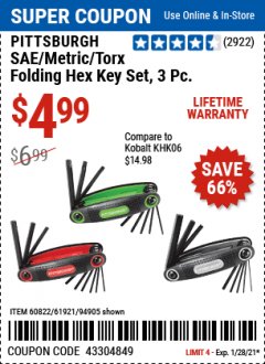 Harbor Freight Coupon SAE/METRIC/TORX FOLDING HEX KEY SET PACK OF 3 Lot No. 94905/60822/61921 Expired: 1/28/21 - $4.99