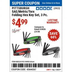 Harbor Freight Coupon SAE/METRIC/TORX FOLDING HEX KEY SET PACK OF 3 Lot No. 94905/60822/61921 Expired: 1/29/21 - $4.99