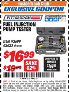Harbor Freight ITC Coupon FUEL INJECTION PUMP TESTER Lot No. 92699/62623 Expired: 4/30/19 - $16.99