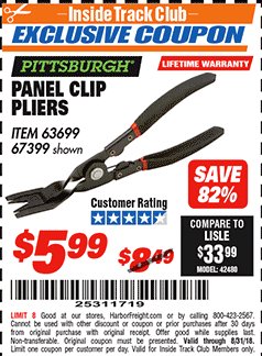 Harbor Freight ITC Coupon PANEL CLIP PLIERS Lot No. 63699/67399 Expired: 8/31/18 - $5.99
