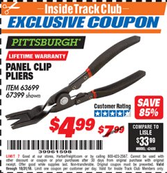 Harbor Freight ITC Coupon PANEL CLIP PLIERS Lot No. 63699/67399 Expired: 10/31/18 - $4.99