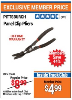 Harbor Freight ITC Coupon PANEL CLIP PLIERS Lot No. 63699/67399 Expired: 12/3/20 - $4.99