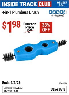 Harbor Freight ITC Coupon 4-IN-1 PLUMBERS BRUSH Lot No. 45339 Valid Thru: 4/2/26 - $1.98