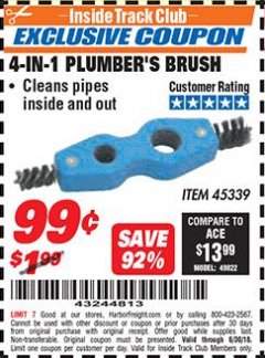 Harbor Freight ITC Coupon 4-IN-1 PLUMBER'S BRUSH Lot No. 45339 Expired: 6/30/18 - $0.99