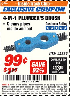 Harbor Freight ITC Coupon 4-IN-1 PLUMBER'S BRUSH Lot No. 45339 Expired: 8/31/18 - $0.99