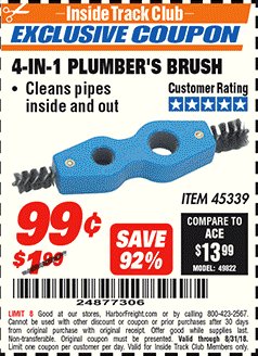 Harbor Freight ITC Coupon 4-IN-1 PLUMBERS BRUSH Lot No. 45339 Expired: 8/31/18 - $0.99