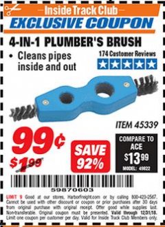 Harbor Freight ITC Coupon 4-IN-1 PLUMBERS BRUSH Lot No. 45339 Expired: 12/31/18 - $0.99
