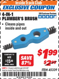 Harbor Freight ITC Coupon 4-IN-1 PLUMBER'S BRUSH Lot No. 45339 Expired: 3/31/20 - $1.99