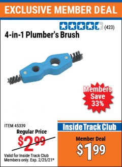 Harbor Freight ITC Coupon 4-IN-1 PLUMBERS BRUSH Lot No. 45339 Expired: 2/25/21 - $1.99