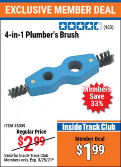 Harbor Freight ITC Coupon 4-IN-1 PLUMBER'S BRUSH Lot No. 45339 Expired: 3/25/21 - $1.99