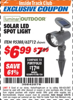 Harbor Freight ITC Coupon SOLAR LED SPOT LIGHT Lot No. 95388/62712 Expired: 3/31/19 - $6.99