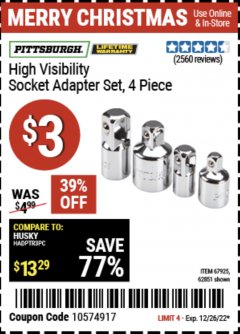 Harbor Freight Coupon 4 PIECE HIGH VISIBILITY SOCKET ADAPTER SET Lot No. 62851/67925 Expired: 12/26/22 - $3