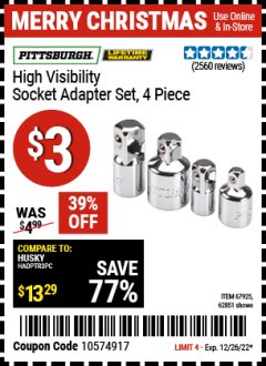 Harbor Freight Coupon 4 PIECE HIGH VISIBILITY SOCKET ADAPTER SET Lot No. 62851/67925 Expired: 12/26/21 - $3
