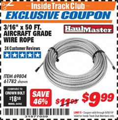 Harbor Freight ITC Coupon 3/16" X 50 FT. AIRCRAFT GRADE WIRE ROPE Lot No. 69804/61782 Expired: 9/30/19 - $9.99