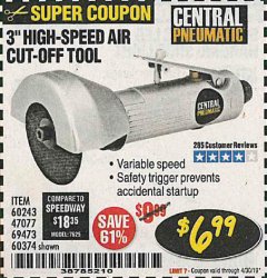 Harbor Freight Coupon 3" HIGH SPEED AIR CUT-OFF TOOL Lot No. 47077/67425/69473/60243/60374 Expired: 4/30/19 - $6.99