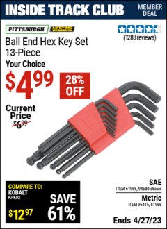 Harbor Freight ITC Coupon 13 PIECE BALL END HEX KEY SETS Lot No. 61965/94680/96416/61966 Expired: 4/27/23 - $4.99