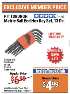 Harbor Freight ITC Coupon 13 PIECE BALL END HEX KEY SETS Lot No. 61965/94680/96416/61966 Expired: 1/28/21 - $4.99