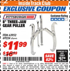 Harbor Freight ITC Coupon PITTSBURGH 8 IN., 3-JAW GEAR PULLER Lot No. 63952 Expired: 9/30/18 - $11.99