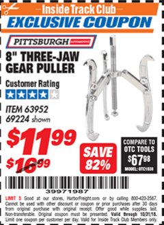 Harbor Freight ITC Coupon PITTSBURGH 8 IN., 3-JAW GEAR PULLER Lot No. 63952 Expired: 10/31/18 - $11.99
