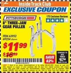 Harbor Freight ITC Coupon 8" THREE-JAW GEAR PULLER Lot No. 63952/69224 Expired: 12/31/18 - $11.99