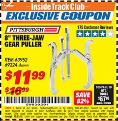 Harbor Freight ITC Coupon PITTSBURGH 8 IN., 3-JAW GEAR PULLER Lot No. 63952 Expired: 12/31/18 - $11.99