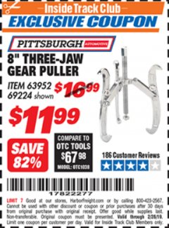 Harbor Freight ITC Coupon PITTSBURGH 8 IN., 3-JAW GEAR PULLER Lot No. 63952 Expired: 2/28/19 - $11.99