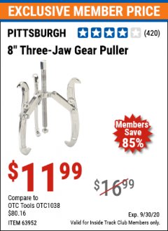 Harbor Freight ITC Coupon PITTSBURGH 8 IN., 3-JAW GEAR PULLER Lot No. 63952 Expired: 9/30/20 - $11.99