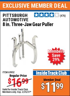 Harbor Freight ITC Coupon PITTSBURGH 8 IN., 3-JAW GEAR PULLER Lot No. 63952 Expired: 2/25/21 - $11.99