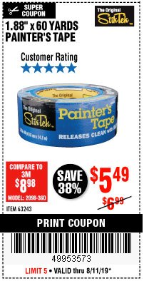 Harbor Freight Coupon 1.88" X 60 YARDS PAINTER'S TAPE Lot No. 63243 Expired: 8/11/19 - $5.49
