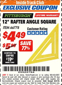 Harbor Freight ITC Coupon PITTSBURGH 12 IN. RAFTER ANGLE SQUARE Lot No. 66778 Expired: 8/31/18 - $4.49