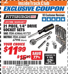 Harbor Freight ITC Coupon 21 PIECE, 1/4" DRIVE SOCKET SETS Lot No. 41722/63466/67998/63460 Expired: 3/31/19 - $11.99