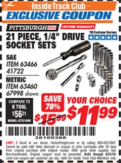 Harbor Freight ITC Coupon 21 PIECE, 1/4" DRIVE SOCKET SETS Lot No. 41722/63466/67998/63460 Expired: 8/31/19 - $11.99