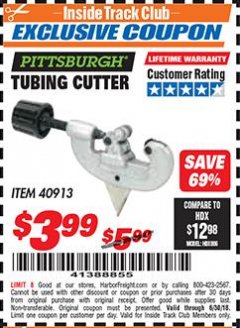 Harbor Freight ITC Coupon TUBING CUTTER Lot No. 40913 Expired: 6/30/18 - $3.99