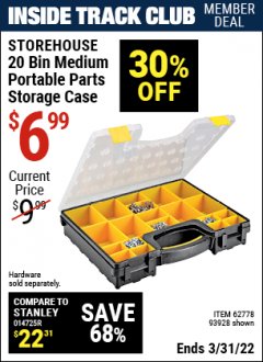 Harbor Freight ITC Coupon 20 BIN PORTABLE PARTS STORAGE CASE Lot No. 62778/93928 Expired: 3/31/22 - $6.99