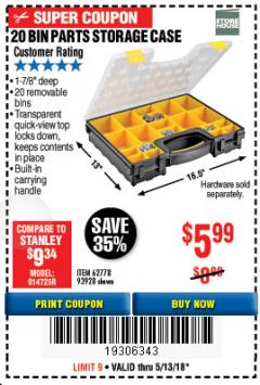 Harbor Freight Coupon 20 BIN PORTABLE PARTS STORAGE CASE Lot No. 62778/93928 Expired: 5/13/18 - $5.99