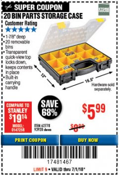Harbor Freight Coupon 20 BIN PORTABLE PARTS STORAGE CASE Lot No. 62778/93928 Expired: 7/1/18 - $5.99