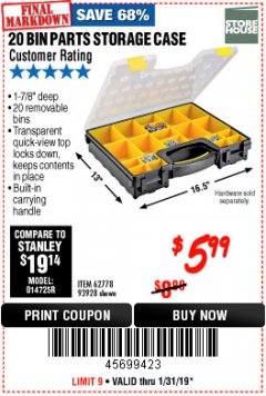 Harbor Freight Coupon 20 BIN PORTABLE PARTS STORAGE CASE Lot No. 62778/93928 Expired: 1/31/19 - $5.99